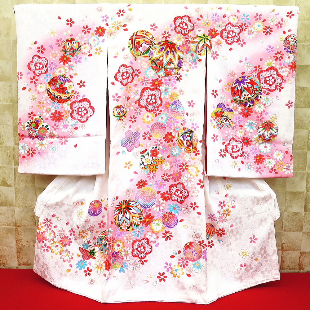 初着 祝着 のしめ お宮参りの着物 女の子のお祝い着 小桜地紋 毬と桜 白ピンクぼかし