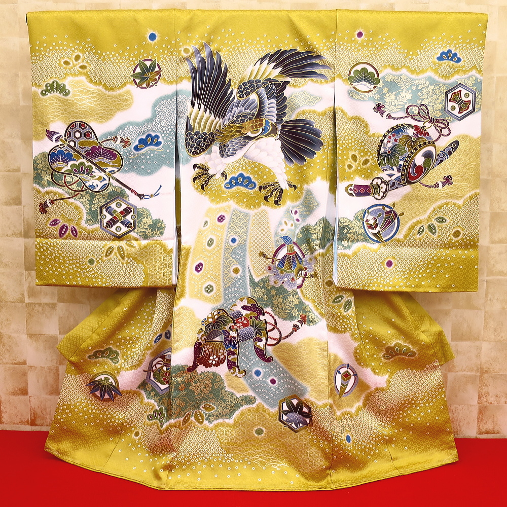 初着 祝着 のしめ お宮参りの着物 男の子のお祝い着 鷹 松 縁起物 金茶